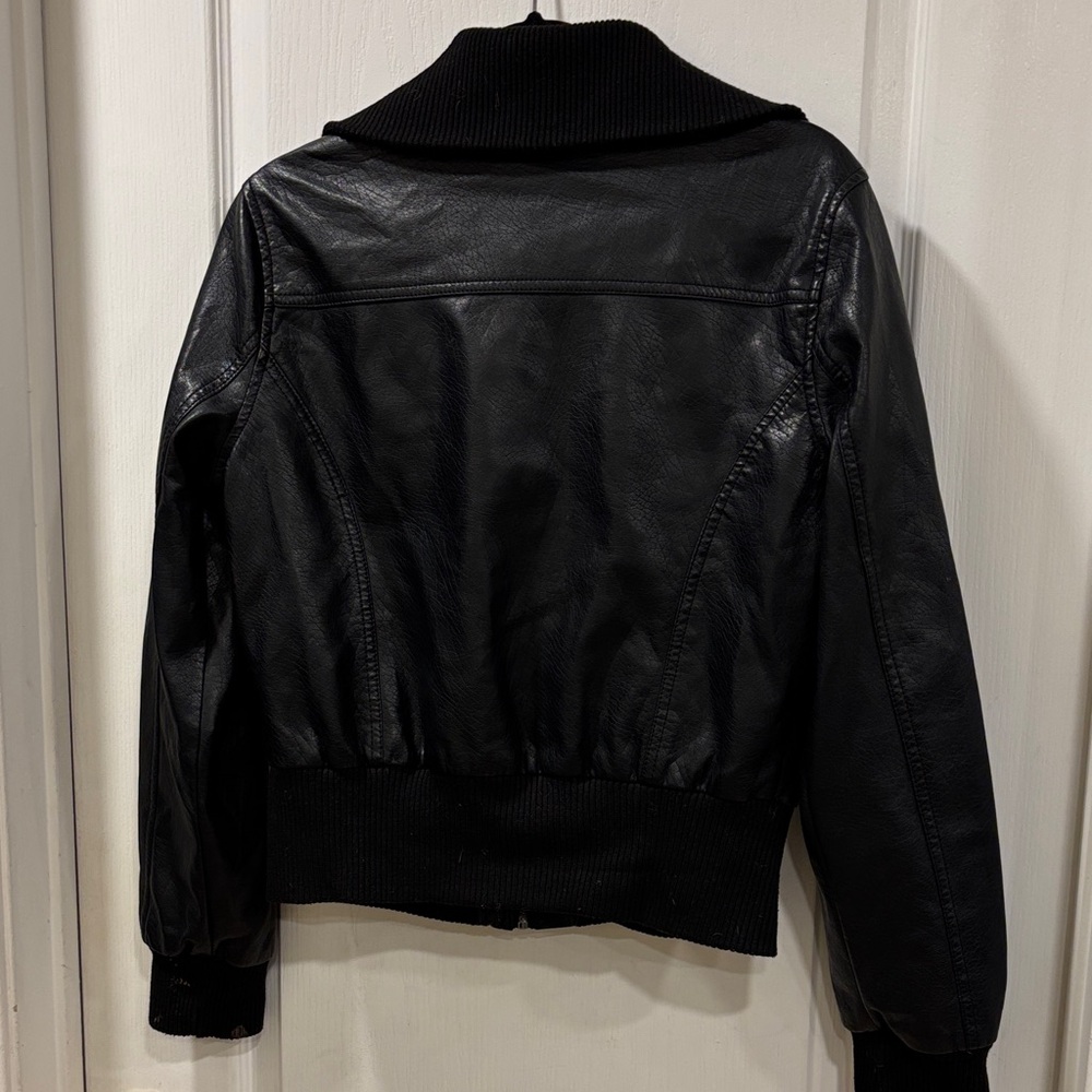 Black Women's Bomber Jacket with Ribbed Collar - Picture 2 of 5